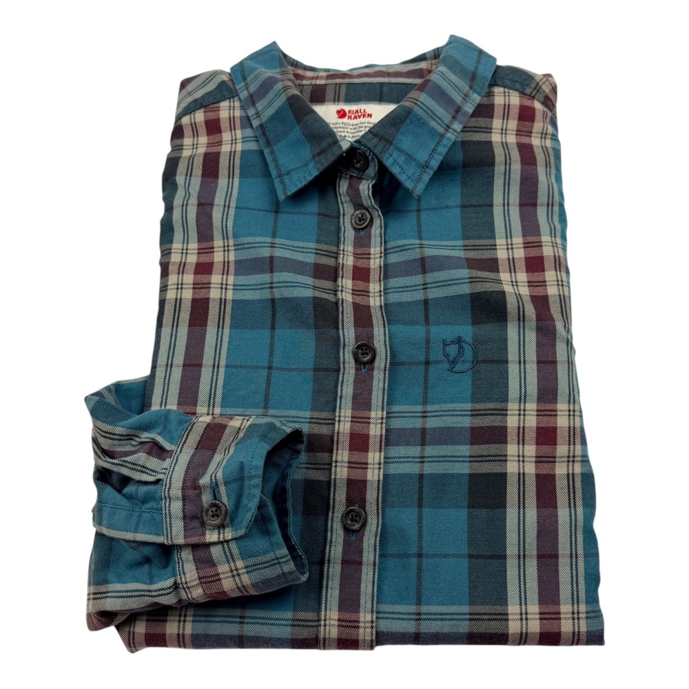 Fjallraven Ovik Flannel Shirt LS W Blue Teal Plaid Cotton Wool Women Small 89776